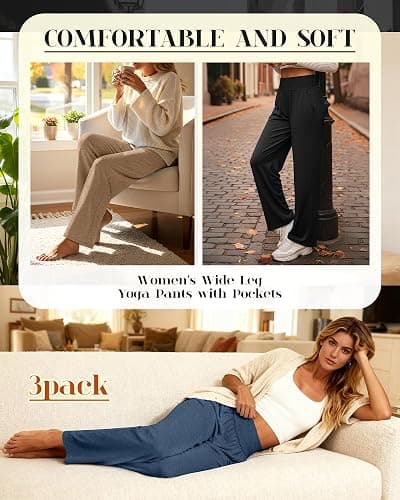Neer 3 Pack Women's Wide Leg Yoga Pants Comfy Lounge Pants with Pockets Baggy Elastic Waist Joggers Ladies Open Bottom thumbnail 2