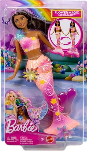 Barbie Mermaid Toy Dolls with Surprise Magic Blooming Flowers Feature, Ombre Tails, Pearl Headband Accessory & Long Brown Hair with Purple Highlights thumbnail 6