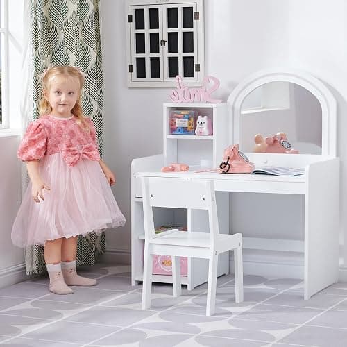BXKX Kids Vanity with Lights, Vanity Set with Drawer and Storage Shelves, 2 in 1 Toddler Vanity with Lighted Mirror, Girls Vanity Set with Stool for Little Girls (White) thumbnail 2