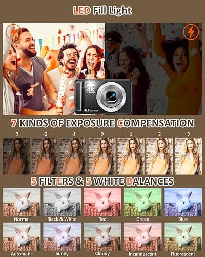 Digital Camera - 4K Point and Shoot Small Digital Cameras - 64MP UHD Autofocus Compact Camera for Photography with Flash - Portable Vlogging Camara Gifts for Kids with 32GB Card, 2.8" Screen, 16X Zoom thumbnail 4