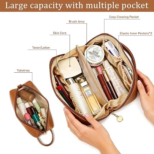 KKXIU Initial Makeup Bag for Women - Personalized Makeup Bag Gifts for Women, Travel Toiletry Bag with PU Leather, Open Flat Design with Top Handle, Cosmetic Bag Set with Multi-Pocket (Brown,E) thumbnail 5