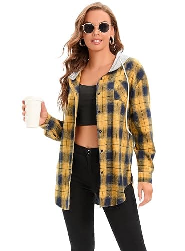 Women's Plaid Flannel Shirts Hoodie Long Sleeve Oversized Shirt Jacket Button Down Blouse Tops thumbnail 4