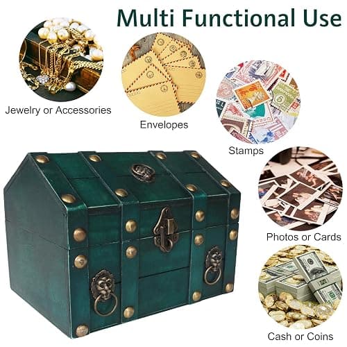 Vintage Wooden Treasure Chest, Jewelry Storage Box with Lock, Classical Storage and Decorative Box, Large Capacity Vintage Decorative Box, Jewelry Storing Storage Organizer for Home Decoration,Green thumbnail 6