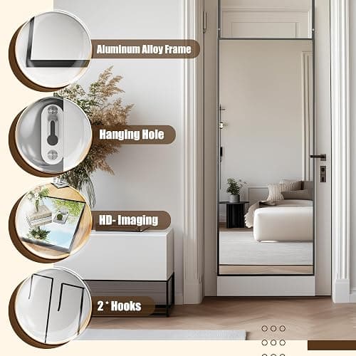 Antok 48"x14" Full Length Mirror Over The Door, Hanging Mirror, Rectangular Wall Mirror, Wall Mounted/Hanging/Leaning, Home Decor, Black thumbnail 5