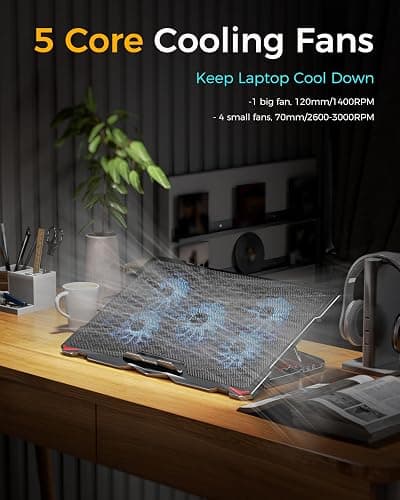 AICHESON Laptop Cooling Pad 5 Fans Up to 17.3 Inch Heavy Notebook Cooler, Blue LED Lights, 2 USB Ports, S035, Blue-5fans thumbnail 2