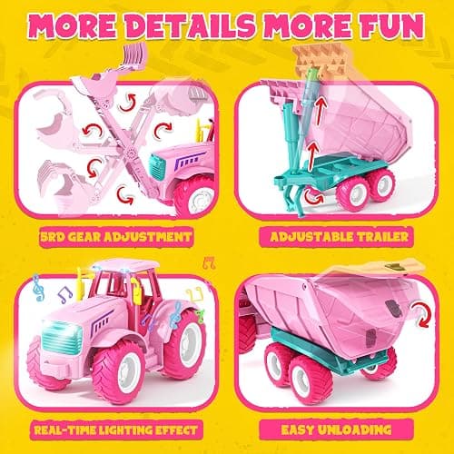 Funwee RC Farm Tractor Toy Playset with Loader, Trailer & Animals | 2.4GHz Outdoor Remote Vehicle Playset w/ Light & Music for Age 3-8, Fun RC Car Truck Gifts for Boy & Girl (Pink) thumbnail 4