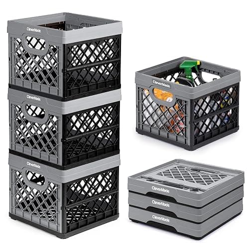CleverMade Collapsible Milk Crate 25L (6.6 Gal) 3 Pack, 50 lb Heavy Duty Folding Crate – Stackable Storage Crates with File Rails, Plastic Collapsible Crates for Storage - Stone - Image 1
