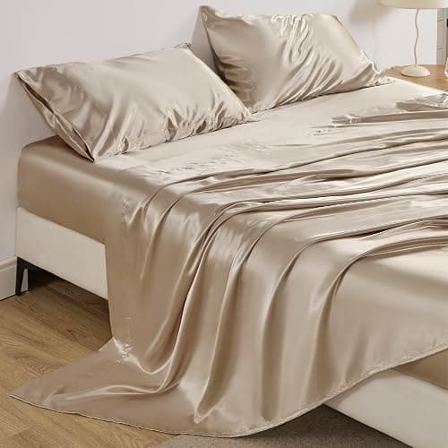 Bedsure Satin Sheets Queen Size - 4 Piece Silky Bedsheets with 15 Inches Deep Pocket Fitted Bedsheet,1 Flat Sheet, 2 Satin Pillowcases, Good for Hair & Skin (Queen, Khaki) thumbnail 9