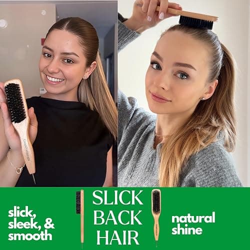 GranNaturals Smoothing & Styling Middle Part Boar Bristle Slick Back Hair Brush w/Narrow Metal Rat Tail End for Sectioning and Parting Sleek Ponytail Bun - Teasing, Backcombing, Edge Control thumbnail 2