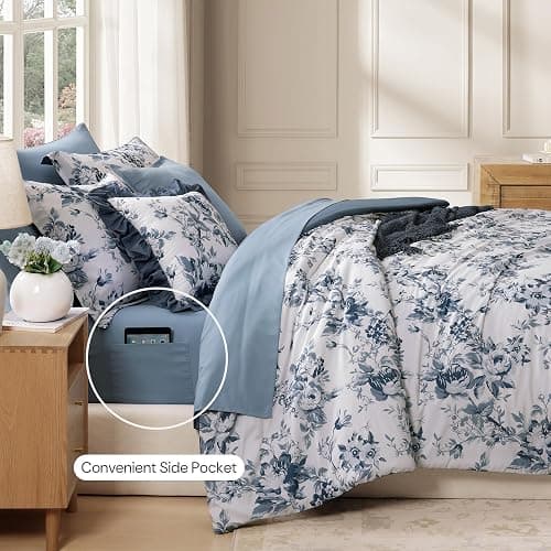 BLOOMHAVEN Full Comforter Set -7 Pieces Floral Blue Comforter Set for All Seasons, Bed in a Bag Full with Botanical Flowers Comforter, Sheets, Pillowcases & Shams thumbnail 4