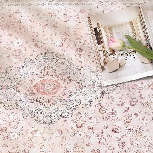 Brakki Pink 5x7 Area Rugs for Living Room, Washable Vintage Boho Rug Non Slip for Bedroom Kitchen Office, Low Pile Soft Stain Resistant Carpet Floor Indoor Laundry Dining Room thumbnail 4