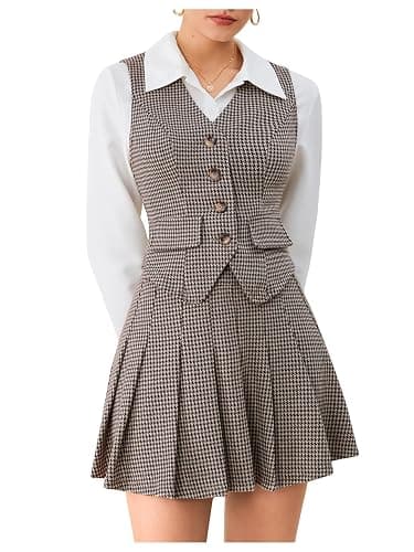 Milumia Women's Plaid Skirt Sets 2 Piece Outfits Blazer Vest Top and Pleated Mini Skirt Suit - Image 1