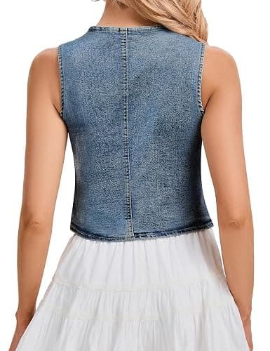 Genhoo Denim Vest Sleeveless Jean Vest Top for Women V Neck Button Down Cropped Denim Top with Pockets thumbnail 5
