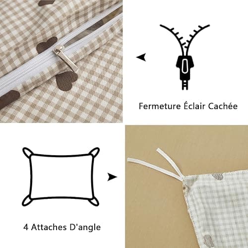 Freyamy Housse de Couette 200x200cm+2 Taie d'oreiller 65x65cm Coeur Plaid Kaki Marron Parure de lit 2 Personnes Adulte Motif du Cœur Sets de Housse Couette en Microfibre avec Fermeture Éclair thumbnail 6
