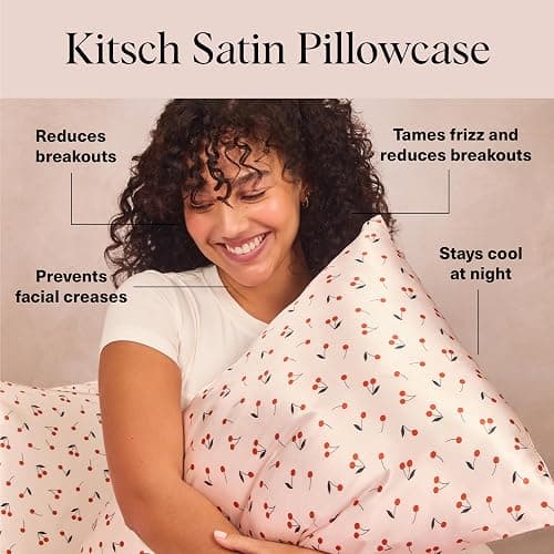 Kitsch Satin Pillowcase, Softer Than Silk Pillow Cases Queen, Cooling Pillow Covers, Satin Pillowcase w/Zipper for Hair, Skin & Quality Sleep, Wrinkle-Free & Smooth, Queen Size 19"x26", Cherry Print thumbnail 3