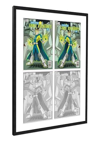 Comic Book Frame Black Matted | For Comics Published Between 1956 and 1970 (Silver Age Comic Solid Wood Frame) | Made to Showcase 4 Comics Under UV Acrylic with Acid Free White Matting | Grid Style thumbnail 3