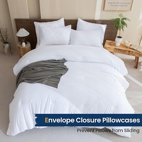 Paxrac Classic Pure White Comforter King Size, 3 Pieces Boho Comforter Set, Lightweight Solid Bedding Set, All Seasons Soft Breathable King Comforter Set (104x90In Comforter & 2 Pillowcases) - White - King (104''x90'') thumbnail 5