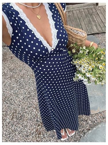 Milumia Women's Polka Dots Lace Trim V Neck Dress Short Sleeve Long Dresses | Cinched Waist, Elegant, Flowy, Sundress, Summer, Spring, Flared, Going Out, A‑Line,Church Dresses thumbnail 4
