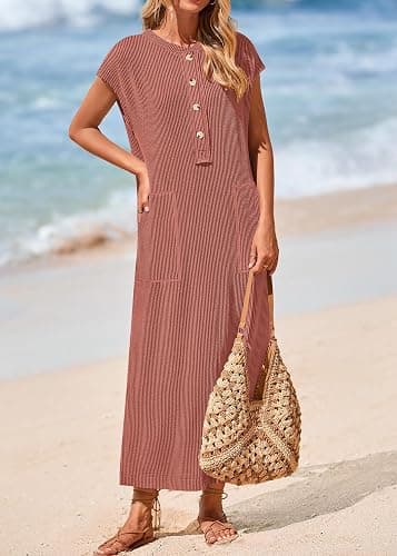 KIRUNDO Womens Summer Dresses 2026 Spring Ribbed Knit Henley Short Sleeve Maxi Dress Button Up Loose Beach Vacation Sundress thumbnail 4