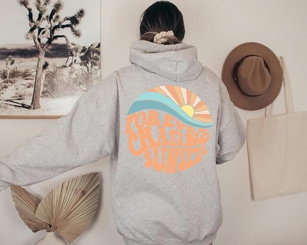 Forever Chasing Sunsets Hoodie Aesthetic Words On Back Cute Trendy Pullover Gifts thumbnail 4