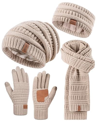 Womens Winter Beanie Hat Scarf Gloves Headband Set, Slouchy Beanie Ear Warmer Knit Scarf Touchscreen Gloves Warm 4 Gift Set - Oatmeal