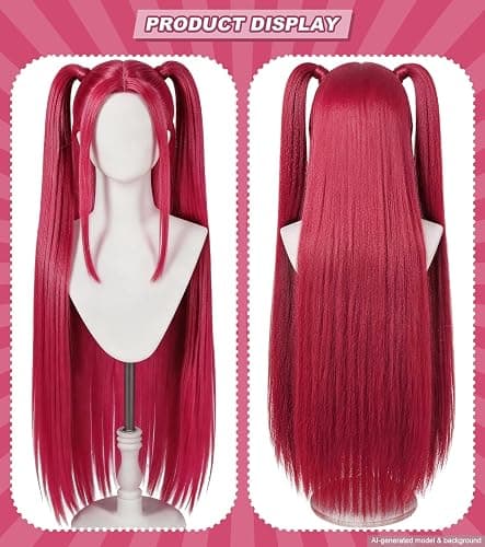Hot Pink Cosplay Wig for Kids with 2 Ponytails, Long Straight Synthetic Wig | Synthetic anime-style wig for Halloween,carnival,costume parties, cosplay role play,and themed dress-up events thumbnail 3