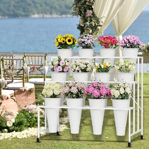 NEYCIL Flower Stand, 3-Tier Flower Display Stand with Buckets for Indoor Outdoor, Flower Cart Display Stand with Wheels for Courtyard, Balcony, Flower Shop, Wedding, Party, Exhibition (White) thumbnail 2