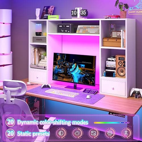 REIBII Desktop Bookshelf with LED Lights,47.2" Desktop Organizer with 6 Shelves and 2 Drawers for Top of Desk,Multipurpose Desk Hutch Dorm with Adjustable Shelves for Home and Office,White thumbnail 3
