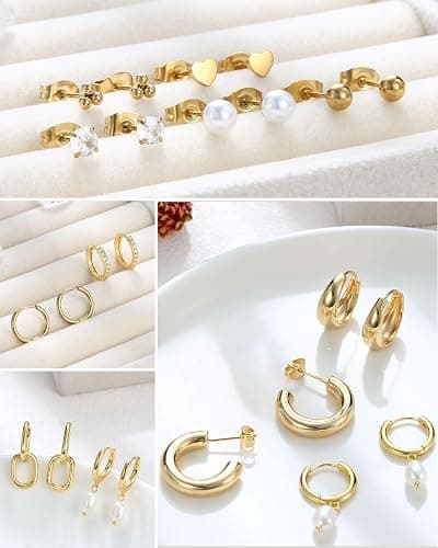 Hypoallergenic Gold Stud Hoop Earrings for Women Lightweight Small 14K Gold Plated Chunky Huggie Hoops Surgical Stainless Steel Stud Earring Dainty Cartilage Earrings Stacks for Women Jewelry Gifts thumbnail 7