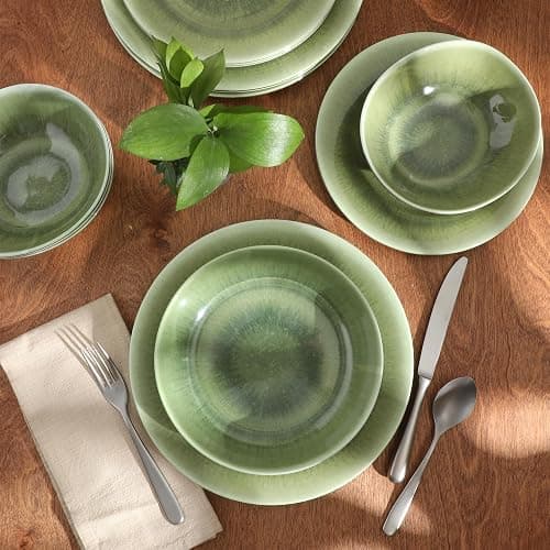 Gibson Home Casper Court 16-Piece Melamine Dinnerware Set – Green Reactive Glaze Look Plates and Bowls, Service for 4 – Top Rack Dishwasher Safe Everyday Dining Set thumbnail 5