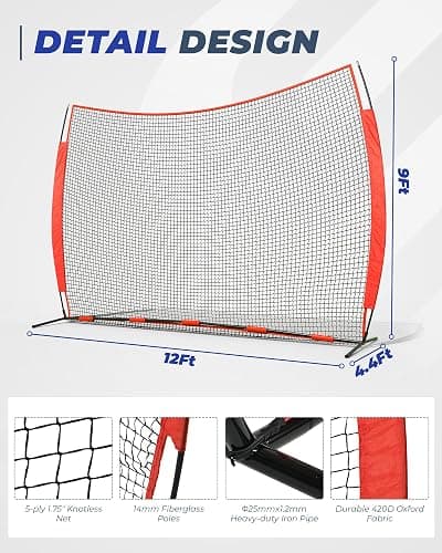 Sturdum 12x9/16x10/20x10ft Barricade Backstop Net, Ball Sports Barrier Netting, Protection Screen for Baseball Softball Lacrosse Soccer Hockey Training for Backyard with Carry Bag thumbnail 4