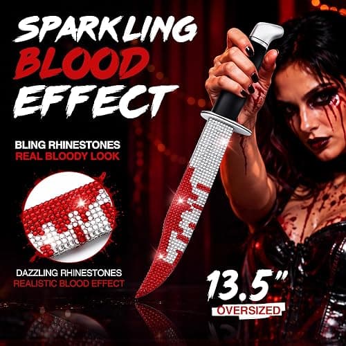Enhon 1 Pack 13.5" Halloween Bloody Ghost Face Bling Rubber Fake Knife | Soft Flexible Safety Prop with Bedazzled Rhinestones for Horror Prank, Stage Performance & Scary Cosplay Accessories thumbnail 2