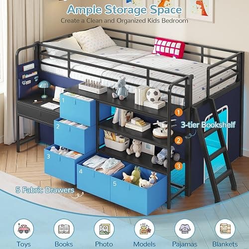 Twin Low Loft Bed for Kids with Built-in Desk, 6 Storage Drawers, Open Bookshelf, Under-Bed Play Tent with LED Lights, Metal Twin Size Loft Beds with Safety Guardrail & Inclined Ladder, Blue and Black thumbnail 3
