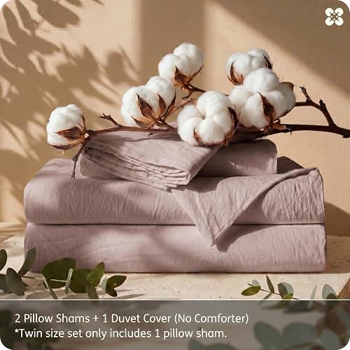Bedsure PureWoven 100% Washed Cotton Duvet Cover Set, Queen Size, 3-PC | Linen Like Texture, Percale Breathable Bedding Set for All Seasons, Zipper Closure, 8 Corner Ties, Petal Pink, 90" X 90" thumbnail 8