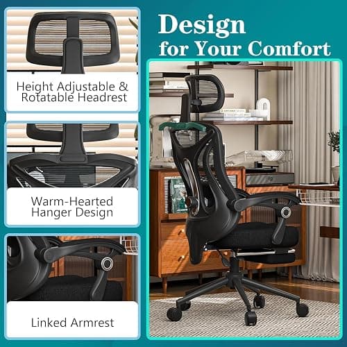 Ergonomic Office Chair with Footrest - Adjustable Lumbar Support & Headrest, 90-160° Reclining Mesh Back Computer Chair - Home Office/Gaming, 330lbs Capacity (SGS Certified) thumbnail 6