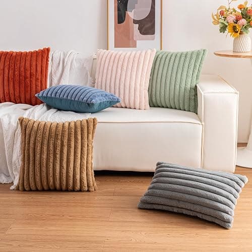Aegero Pack of 2 Faux Fur Christmas Throw Pillow Covers 18x18 Inch, Pink | Fall Plush Striped Couch Pillow Cover, with Velvet Back Modern Home Decorative Throw Pillow for Sofa Living Room Couch Bed thumbnail 6