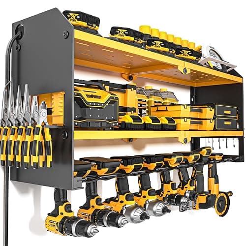 YYR Power Tool Organizer with Charging Station Wall Mount, Cordless Drill and Battery Holder for Garage Organization, Electric Tools Storage Rack Build in Surge Protection Power Strip - Yellow Shelf - Image 1