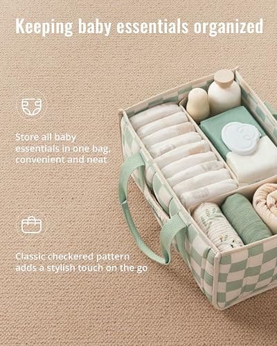 Blissful Diary Checkered Diaper Caddy Organizer, Stylish Nursery Storage Basket, Gift for Baby Shower, Newborn Essentials, Registry Search Must Haves, Sage Green thumbnail 4