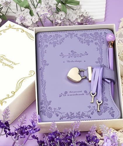 Hoci Poci Diary with Lock and Keys for Girls Gift Ideas, 360 Pages Journal | Elegant Gift Box for Teen Girls, B6 Gold Edged Pages Refillable Notebook with Pen and Bookmark for Writing, Garden Purple thumbnail 2