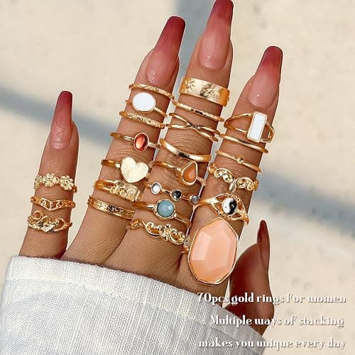 ⭐️Subiceto 70 Pcs Vintage Crystal Ring Set for Women, Stackable Knuckle Rings | 14K Gold Plated Ring Pack, Crystal Gem Snake Retro Boho Finger Rings, Multiple Size for Midi, Thumb, Joint, Knuckle, Stacking thumbnail 2