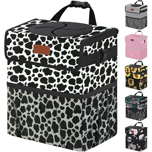 Vankor Car Trash Can with Lid Leak Proof Car Accessories for Women | 2.2 Gallon Cute Hanging Car Trash Bin for Men Car Truck Vehicle Sedan SUV Interior Automotive Garbage Cans, Cow Print - Image 1