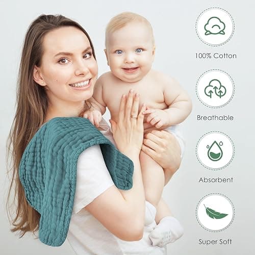 Spotted Play Muslin Burp Cloths 100% Cotton Large 20''x10'' Extra Soft and Absorbent Baby Wash Cloths Spit Up Rags - Baby Burping Cloth for Boys Girls Items(12 Pack Ivory, Slate and Emerald Series) thumbnail 6