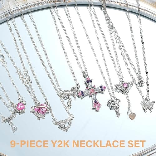 9 Pcs Y2K Necklace Set for Women, Goth Grunge Jewelry with Gothic Cross, Fairy Angel, Heart Wings, Butterfly, Pink Rhinestone Pendant and Choker, Premium Gifts for Friends Family on Birthday Holiday thumbnail 2