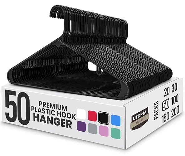 Utopia Home Plastic Hangers 50 Pack - Space Saving Clothes Hanger - Durable & Strong Closet Organizers and Storage with Built-in Strap Hooks - Essential for Shirts, Pants, Skirts & Coats (Black) - Image 1