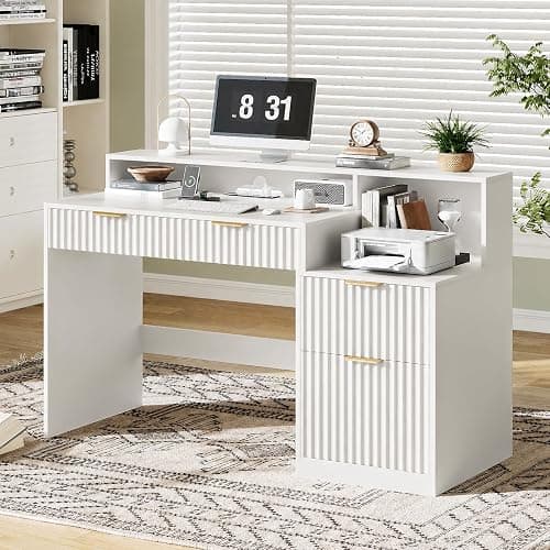 Vabches Fluted Computer Desk with Drawers, Home Office Desk with Power Outlets, Printer Stand and Storage Cabinet, Study Writing Desks with Long Monitor Stand, White thumbnail 3