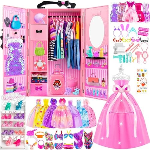 137 Pcs Doll Closet Playset Clothes and Accessories for 11.5 Inch Dolls, Included Princess Dresses,Fashion Dresses,Casual Clothing,Swimsuits,Bags,Shoes,Doll Dress up Toys for Girls Kids Toddlers Gifts - Image 1