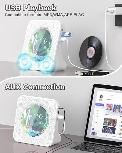 Portable CD Player with Bluetooth 5.0, Greadio Desktop CD Players for Home, CD Music Player with Speakers, Remote Control, Dust Cover, FM Radio, LCD Display, AUX, USB, Headphone Jack thumbnail 6