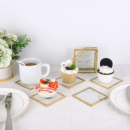 JuxYes Set of 7 Glass Coasters with Holder, Gold Elegant Cup Coasters for Coffee, Tea, Wine - Square Brass Edge Glass Mats for Coffee Table thumbnail 6