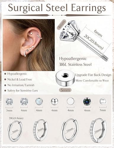 Jstyle Hypoallergenic Stud Hoop Earrings for Women Small Flat Back Surgical Stainless Steel Earrings for Sensitive Ears Trendy Silver Hoops Cartilage Earring Stacks Set Multiple Piercing Jewelry Gifts thumbnail 6