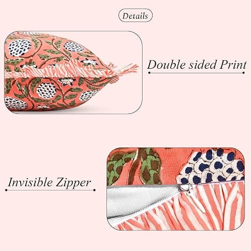 Ridhi Dark Salmon Pink 100% Cotton Block Print Ruffle Lumbar Sham Cover Handmade Boho Floral Pillowcase, Farmhouse Cottagecore Bedding, Soft Decorative Cushion Cover for Bedroom Décor 14 x 36 Inch thumbnail 3